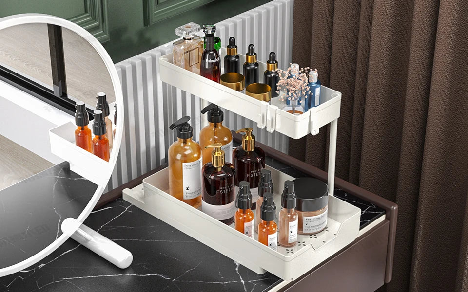 Organizzatori e contenitori sotto il lavandino, organizzazione del bagno della cucina a forma di L, contenitore scorrevole a 2 livelli sotto l'organizzatore dell'armadio del lavandino
