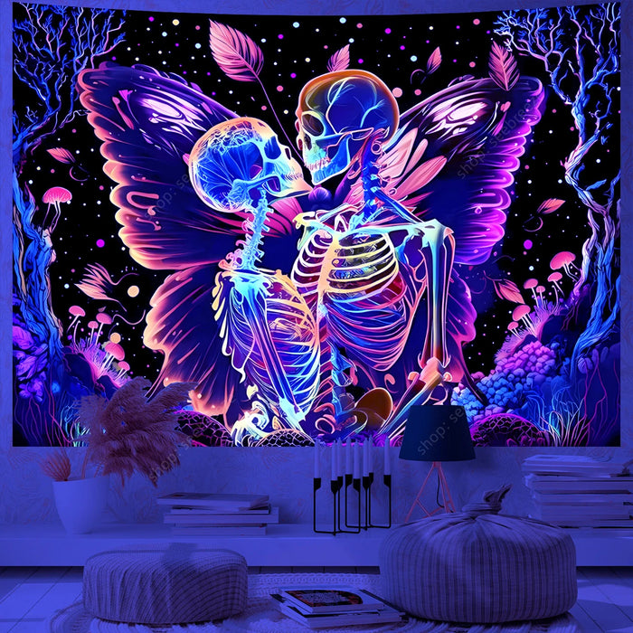 Teschio psichedelico arazzo reattivo UV Hippie scheletro arazzo appeso a parete gotico decorazioni per la casa decorazioni per la stanza forniture per stregoneria