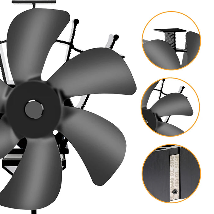 Ventilatore per stufa alimentato a calore Eco Quiet Black 6 Blades Log bruciatore a legna ventilatore per camino scaldavivande casa efficiente distribuzione del calore