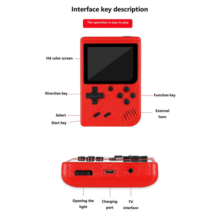 Una piccola Console di gioco portatile per bambini con giochi classici retrò rossi con ricarica del gioco 400 può essere collegata alla TV