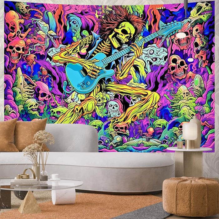 Teschio psichedelico arazzo reattivo UV Hippie scheletro arazzo appeso a parete gotico decorazioni per la casa decorazioni per la stanza forniture per stregoneria