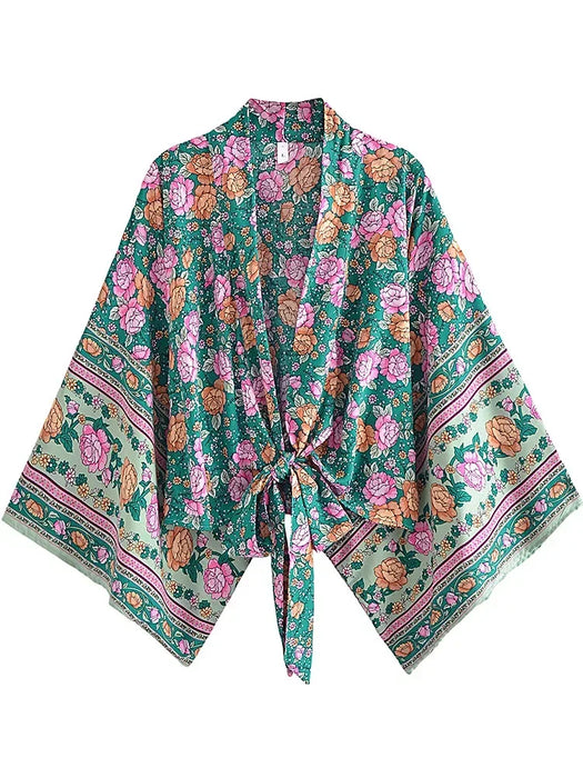 Boho Vintage stampa floreale spiaggia estate Kimono corto donna moda donna Casual scollo a V maniche a pipistrello bohémien Cover-up