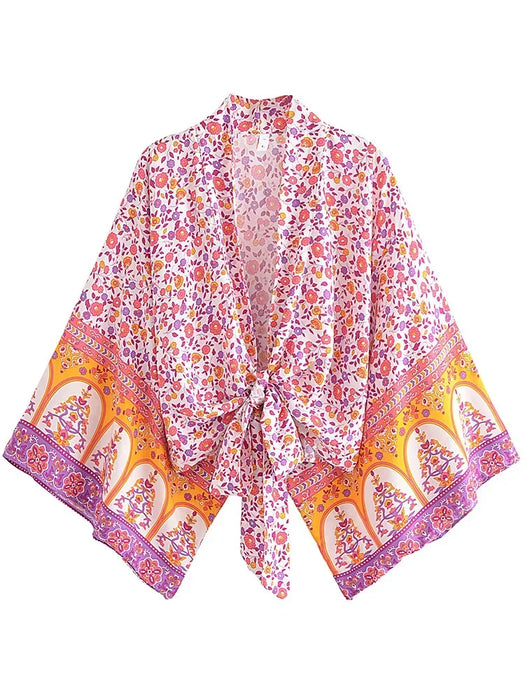 Boho Vintage stampa floreale spiaggia estate Kimono corto donna moda donna Casual scollo a V maniche a pipistrello bohémien Cover-up