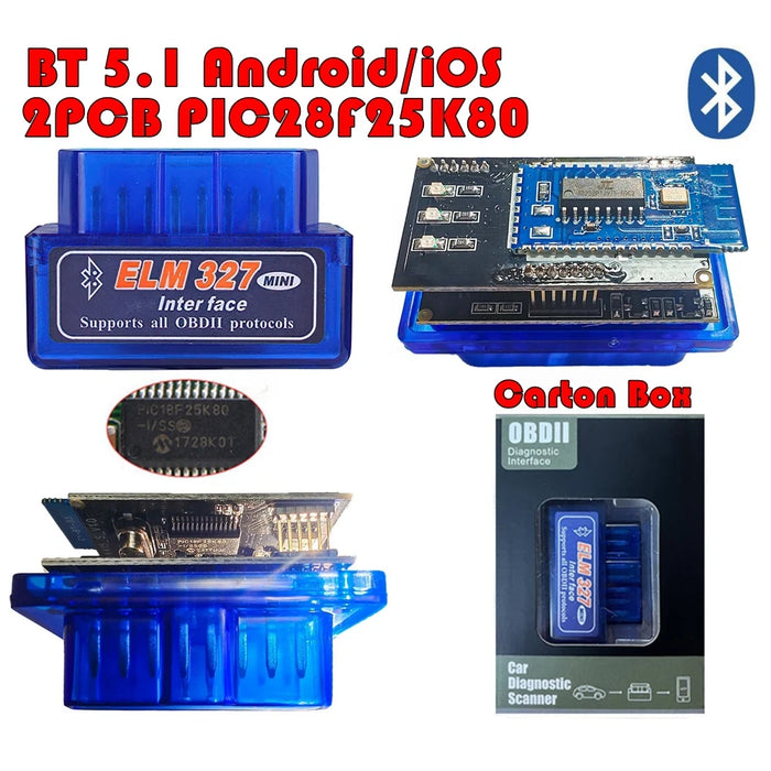 Chip V1.5 hardware a 2 strati PIC18F25K80 ELM327 Lettore di codici automatico Bluetooth V1.5 Super MINI ELM 327 Funziona Android Symbian Doppio PCB