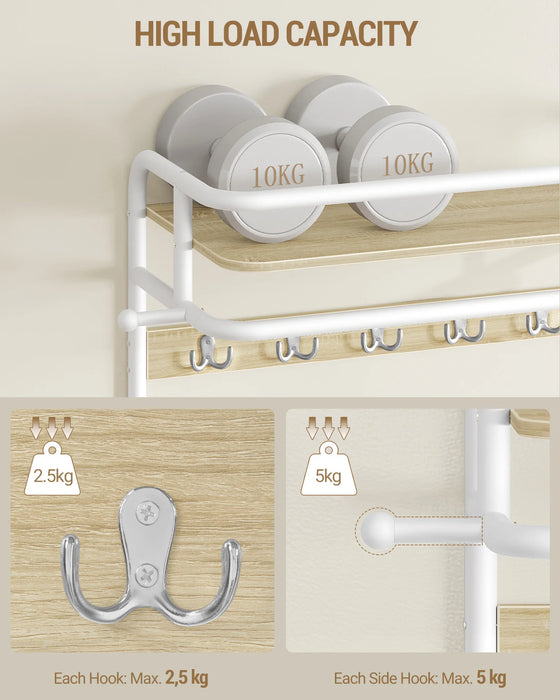 Appendiabiti da parete con ripiano, mensola da parete con 10 ganci rimovibili, 2 ganci di fissaggio laterali, 1 binario, per corridoio, camera da letto