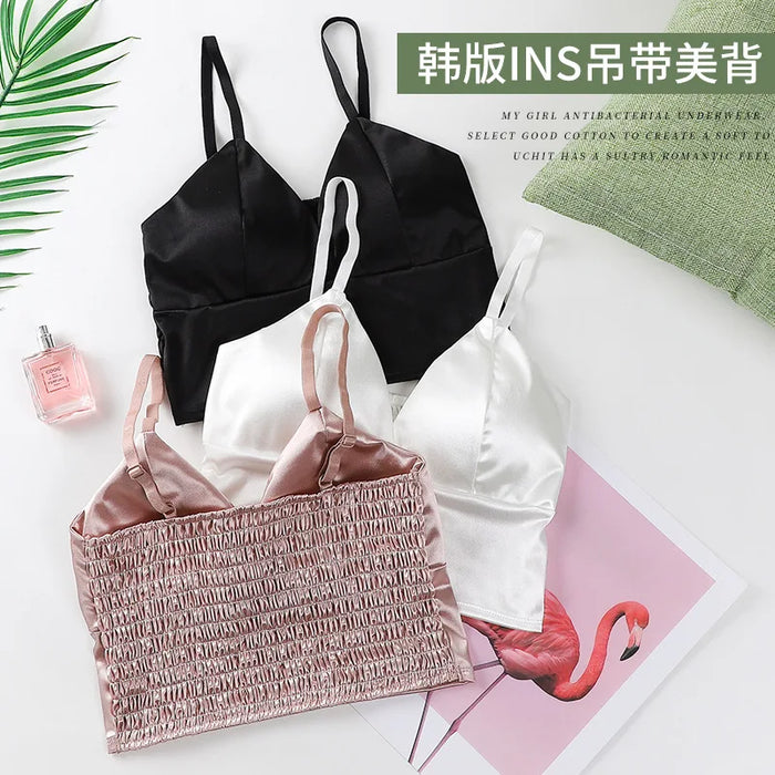 Sexy Satin Crop Top donna Wireless Bralette Crochet Top femminile Spaghetti Strap t-shirt ritagliata con petto imbottito canotta Camis