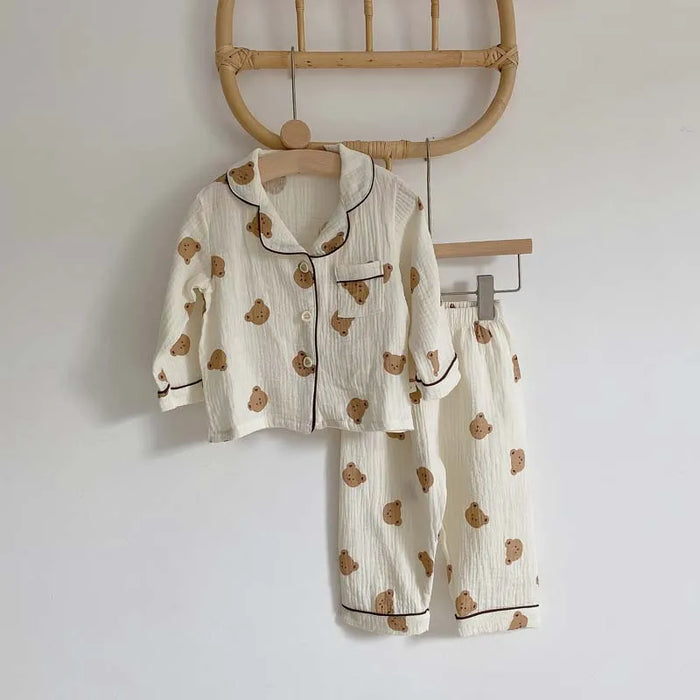 2 pezzi autunno nuovi pigiami per bambini coreano manica lunga stampa orso cardigan e pantaloni indumenti da notte in filato musline di cotone