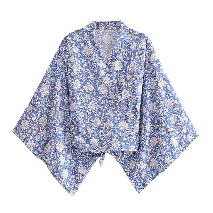 Boho Vintage stampa floreale spiaggia estate Kimono corto donna moda donna Casual scollo a V maniche a pipistrello bohémien Cover-up