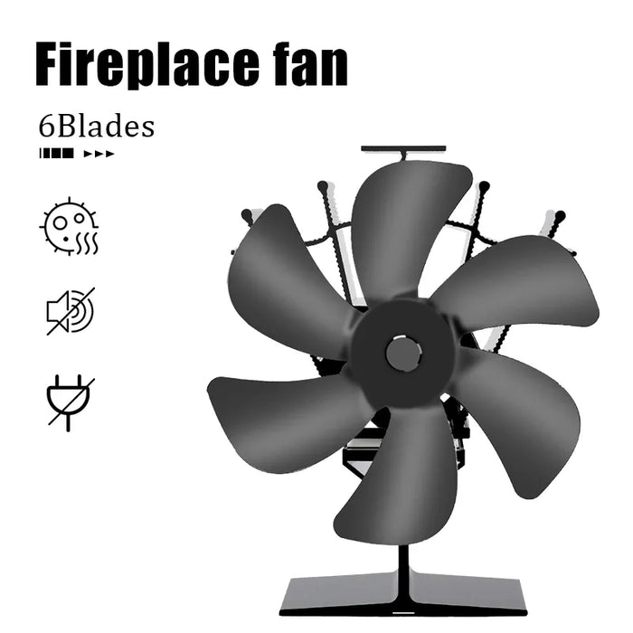 Ventilatore per stufa alimentato a calore Eco Quiet Black 6 Blades Log bruciatore a legna ventilatore per camino scaldavivande casa efficiente distribuzione del calore