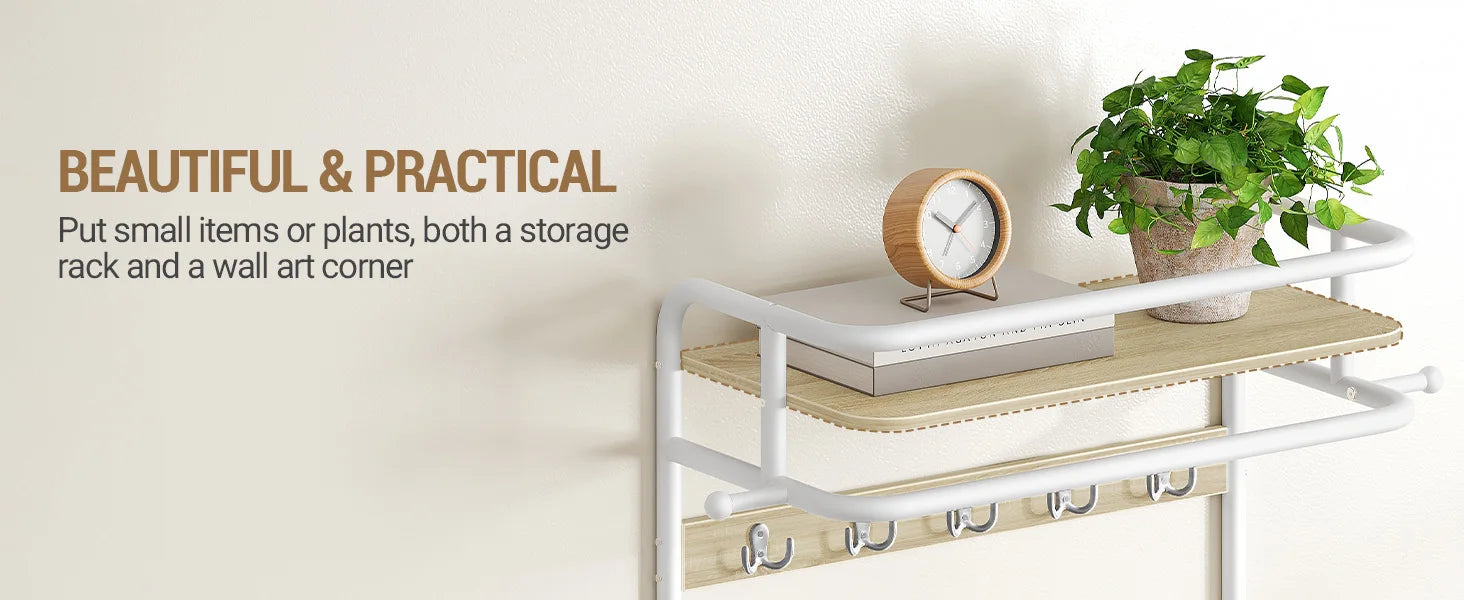 Appendiabiti da parete con ripiano, mensola da parete con 10 ganci rimovibili, 2 ganci di fissaggio laterali, 1 binario, per corridoio, camera da letto