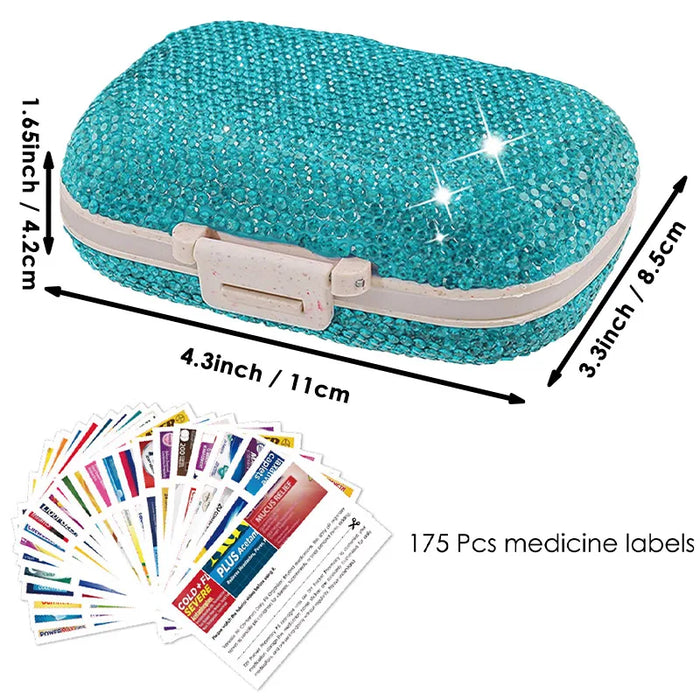 1PC Pill Organizer con 175 etichette medicinali 8 scomparti Travel Essentials portapillole Mini Organizer per farmaci con strass