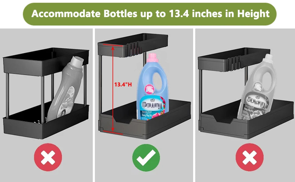 Organizzatori e contenitori sotto il lavandino, organizzazione del bagno della cucina a forma di L, contenitore scorrevole a 2 livelli sotto l'organizzatore dell'armadio del lavandino