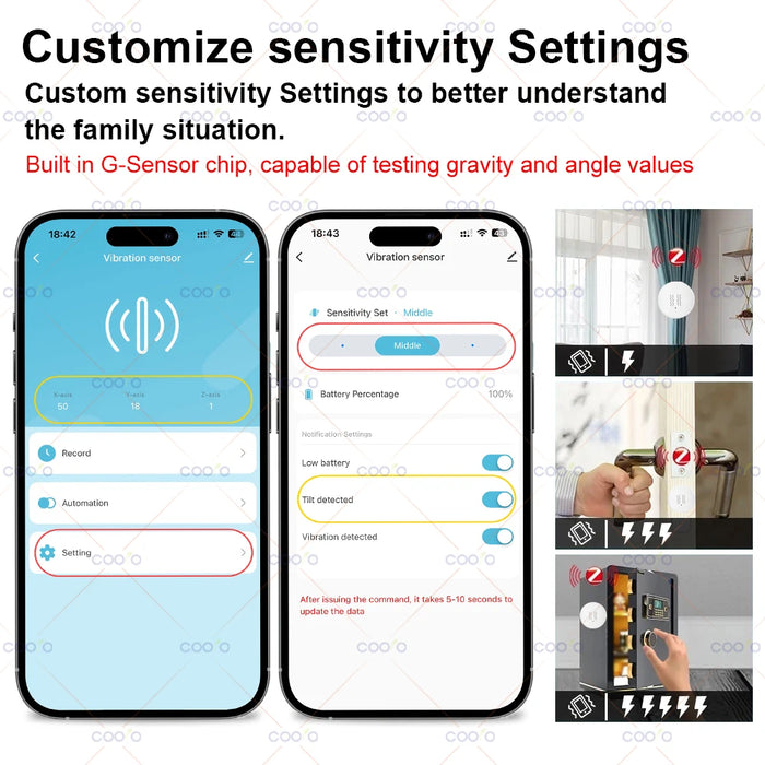 Tuya ZigBee sensore di inclinazione a vibrazione intelligente monitoraggio in tempo reale allarme di rilevamento della finestra della porta sistema di protezione della sicurezza domestica intelligente