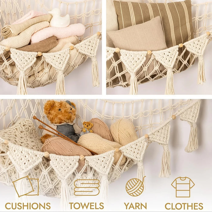 Grande amaca portaoggetti per bambole - Organizzatore di giocattoli di peluche con frange, simpatico rete di peluche appesa per la decorazione della camera da letto dei bambini Puntelli per la fotografia