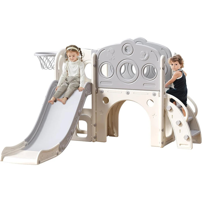 Scivolo per bambini, scivolo multifunzionale per bambini con box, spazio di archiviazione e gradini antiscivolo, pla per interni ed esterni (grigio bianco)