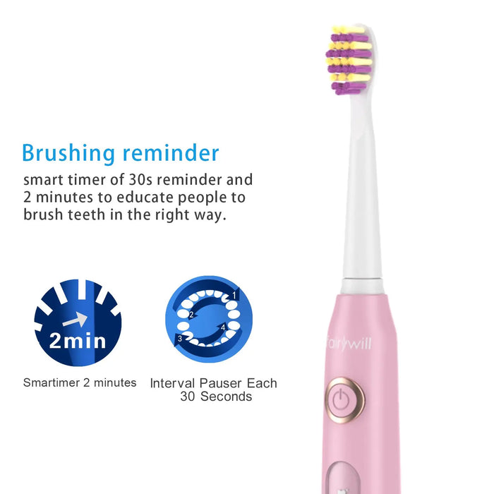 Fairywill FW-507 spazzolino elettrico sonico 5 modalità caricatore USB spazzolino da denti Timer di ricambio spazzolino sonico 8 testine