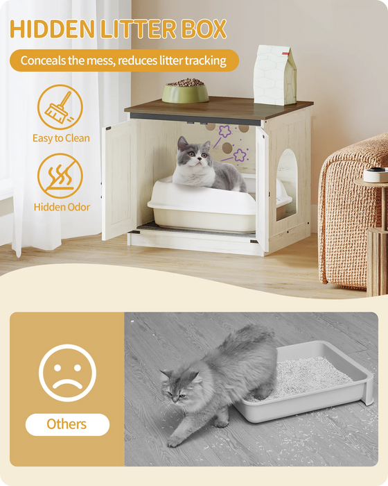 Lettiera per Gatti con Divisorio Rimovibile, Casetta per Gatti, Ingresso Reversibile Sinistra o Destra, Mobiletto Laterale, Marrone Vintage/Bianco
