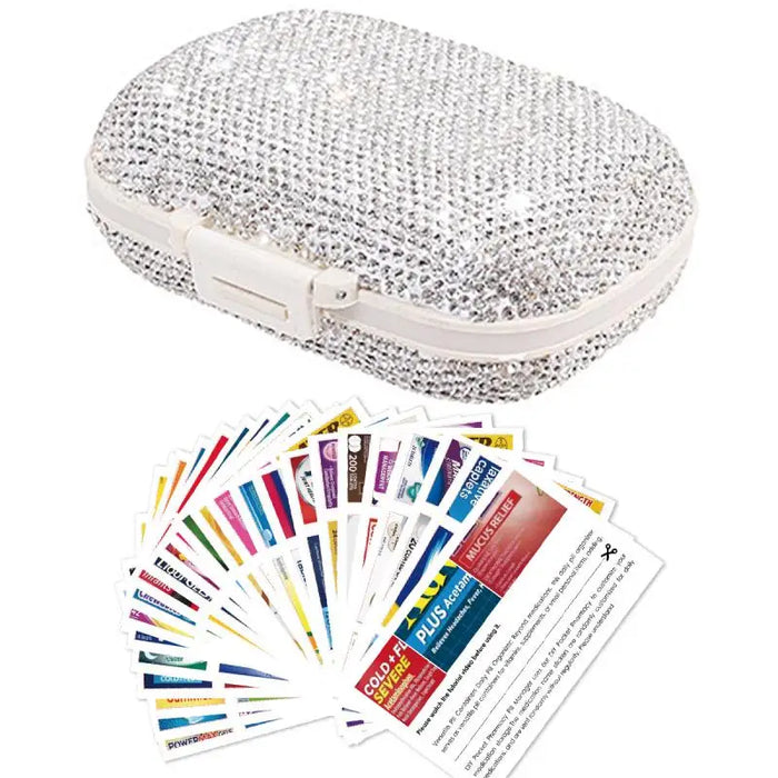 1PC Pill Organizer con 175 etichette medicinali 8 scomparti Travel Essentials portapillole Mini Organizer per farmaci con strass