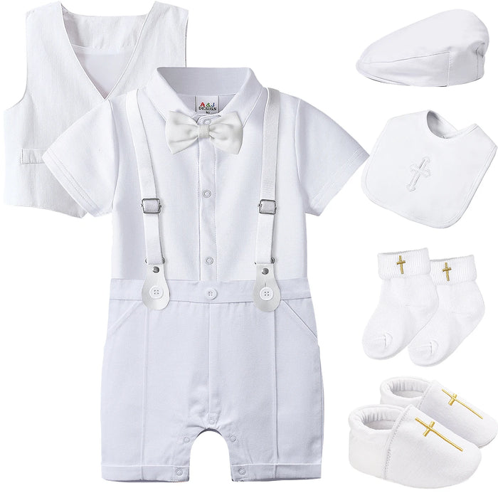 Baby Boys Battesimo Outfit Infantile Matrimonio Gentleman Set Battesimo Abito formale per festa di compleanno Reggicalze Papillon Pagliaccetto