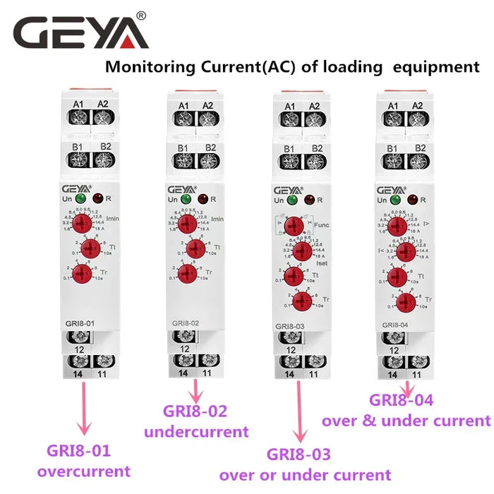 GEYA GRI8-01/02 Relè di monitoraggio corrente 0.5A 1A 2A 5A 8A 16A ACDC24V-240V Relè di protezione da sovracorrente da sovracorrente