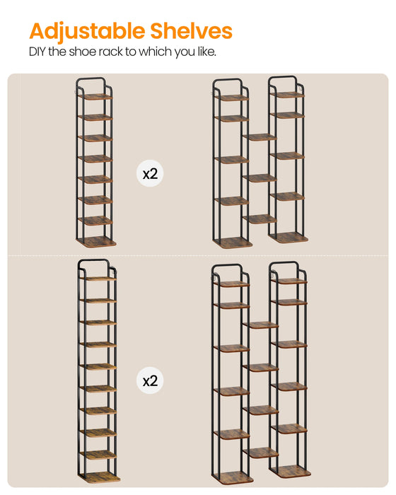 Scarpiera verticale, scarpiera a 10 livelli, scarpiera per piccoli spazi, indipendente, regolabile, salvaspazio, marrone e nero