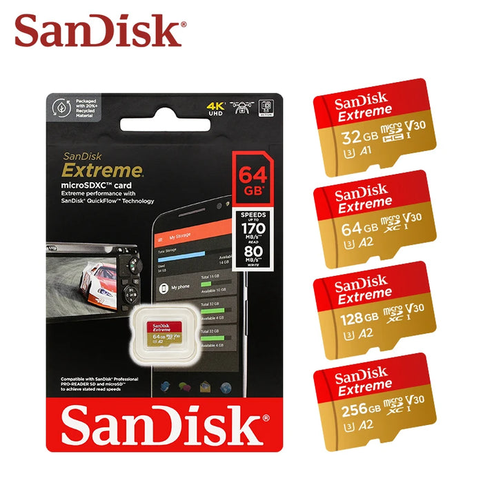 Sandisk Scheda Micro SD Originale Extreme A2 V30 U3 SDXC Flash 32GB 64GB 128GB 256GB Scheda MicroSD 190MB/s Scheda TF per Tablet Telefono