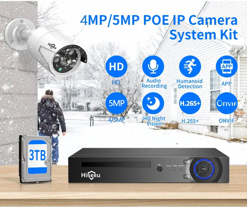 Hiseeu 5MP 3MP 8CH POE NVR Video Audio Record ONVIF CCTV IP Security Surveillance Camera System Kit Set Outdoor House Waterproof
