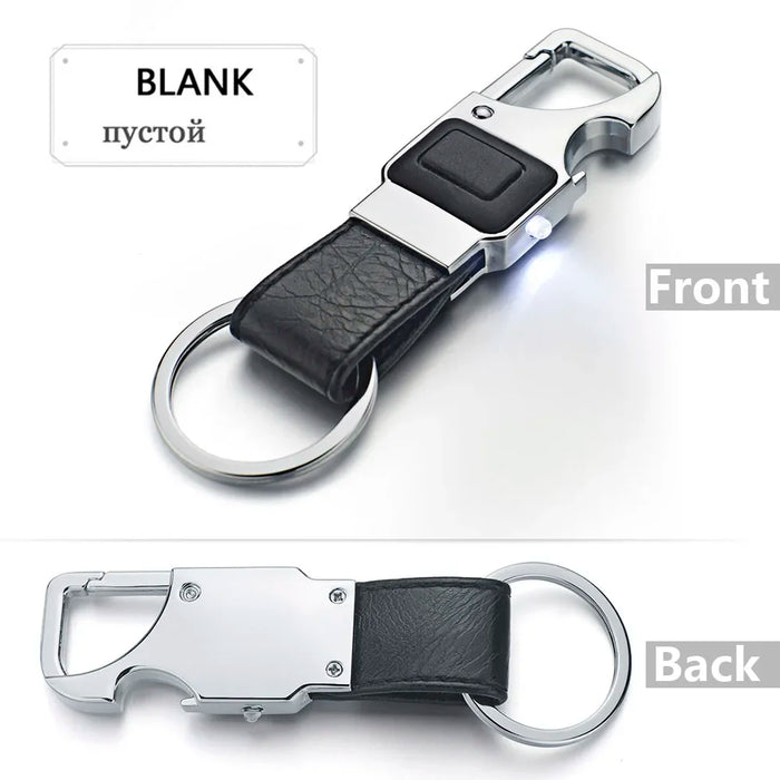 Dalaful Portachiavi con scritte personalizzate Luci a LED Lampada Apribottiglie per birra Portachiavi per auto da uomo in pelle multifunzionale K355