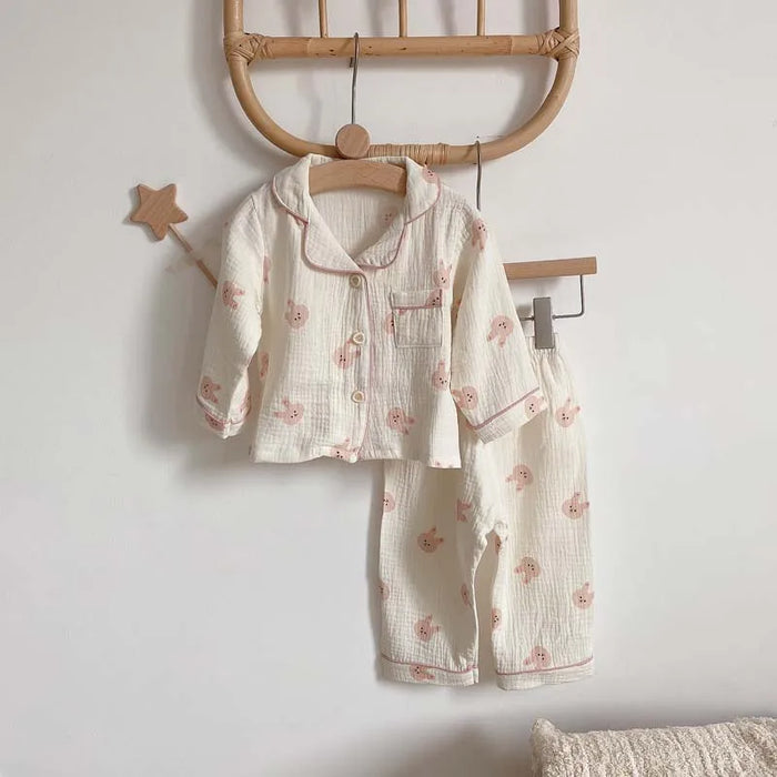 2 pezzi autunno nuovi pigiami per bambini coreano manica lunga stampa orso cardigan e pantaloni indumenti da notte in filato musline di cotone