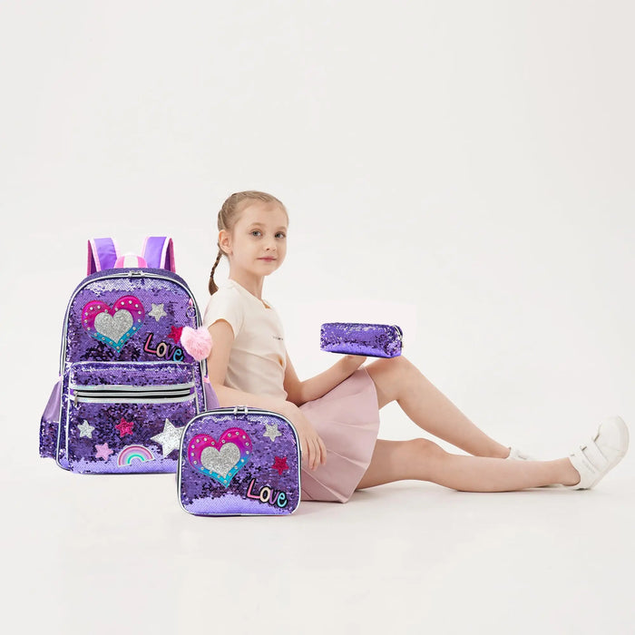Backpack for Girls 16" Backpacks for Girls for School Sequin Backpack with Lunch Box for Elementary Students
