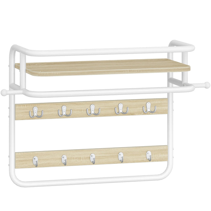 Appendiabiti da parete con ripiano, mensola da parete con 10 ganci rimovibili, 2 ganci di fissaggio laterali, 1 binario, per corridoio, camera da letto