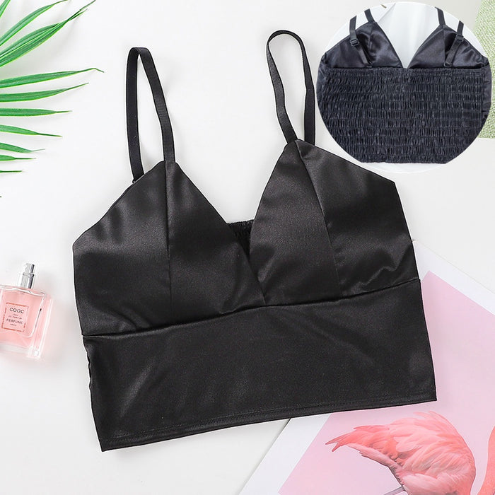 Sexy Satin Crop Top donna Wireless Bralette Crochet Top femminile Spaghetti Strap t-shirt ritagliata con petto imbottito canotta Camis