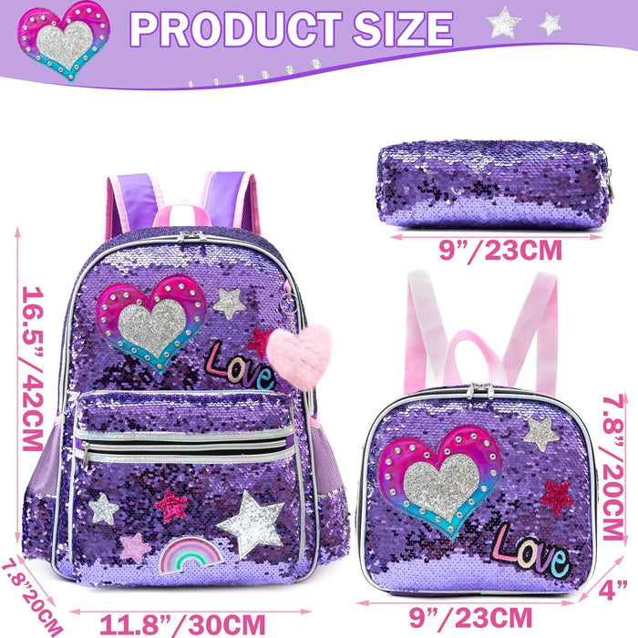 Backpack for Girls 16" Backpacks for Girls for School Sequin Backpack with Lunch Box for Elementary Students