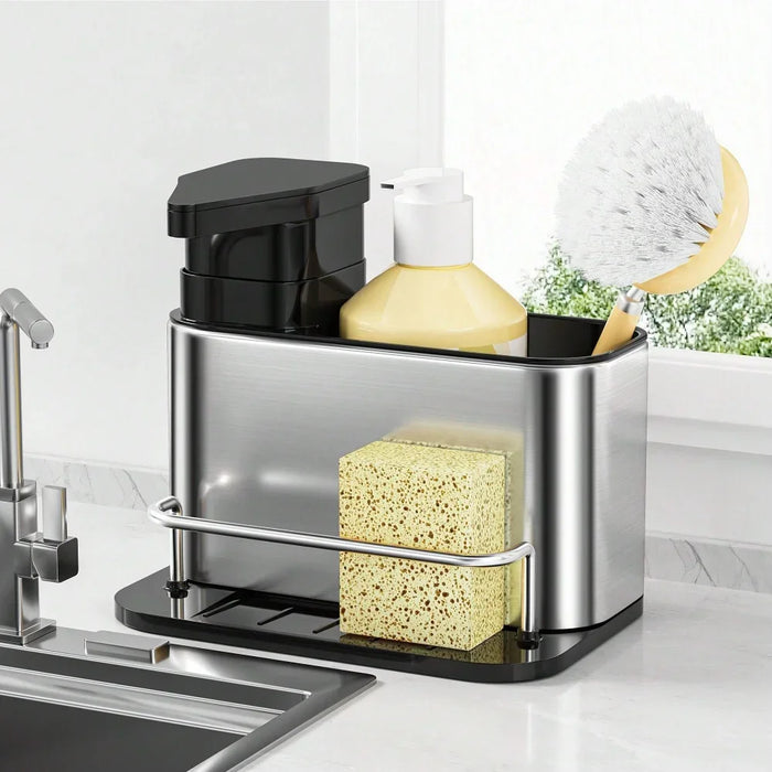 Dispenser di sapone da tavola in acciaio inossidabile da cucina 3 in 1, portaspugna, scolapiatti per lavello, adatto per lavelli da cucina