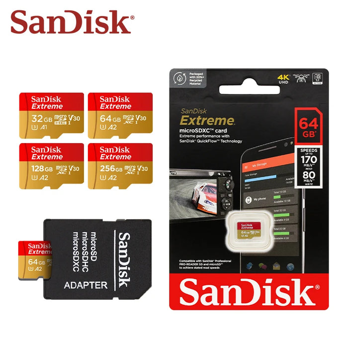 Sandisk Scheda Micro SD Originale Extreme A2 V30 U3 SDXC Flash 32GB 64GB 128GB 256GB Scheda MicroSD 190MB/s Scheda TF per Tablet Telefono