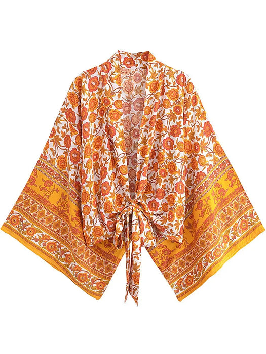 Boho Vintage stampa floreale spiaggia estate Kimono corto donna moda donna Casual scollo a V maniche a pipistrello bohémien Cover-up