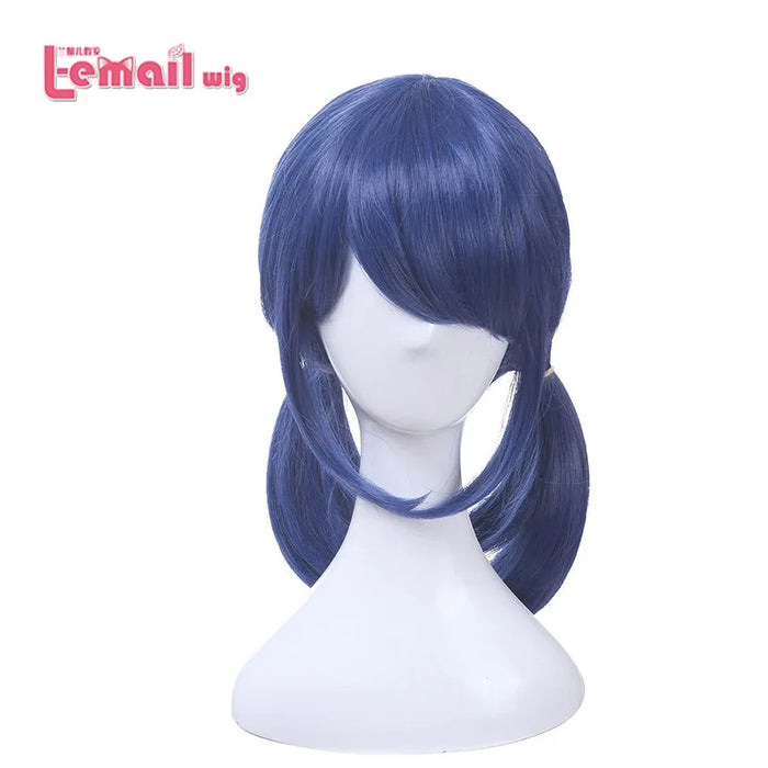 L-e-mail parrucca sintetica per capelli Marinette parrucca Cosplay blu scuro doppia coda di cavallo parrucche da donna resistenti al calore di Halloween diritte