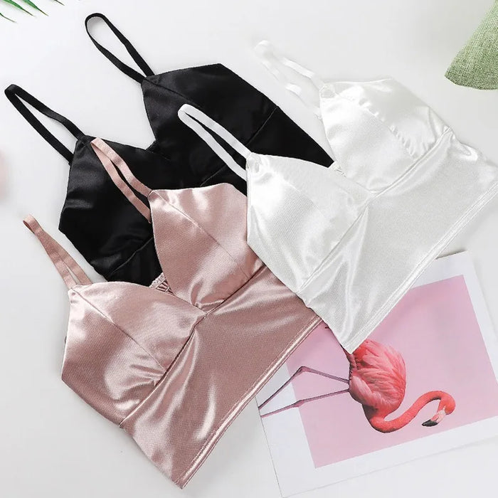Sexy Satin Crop Top donna Wireless Bralette Crochet Top femminile Spaghetti Strap t-shirt ritagliata con petto imbottito canotta Camis