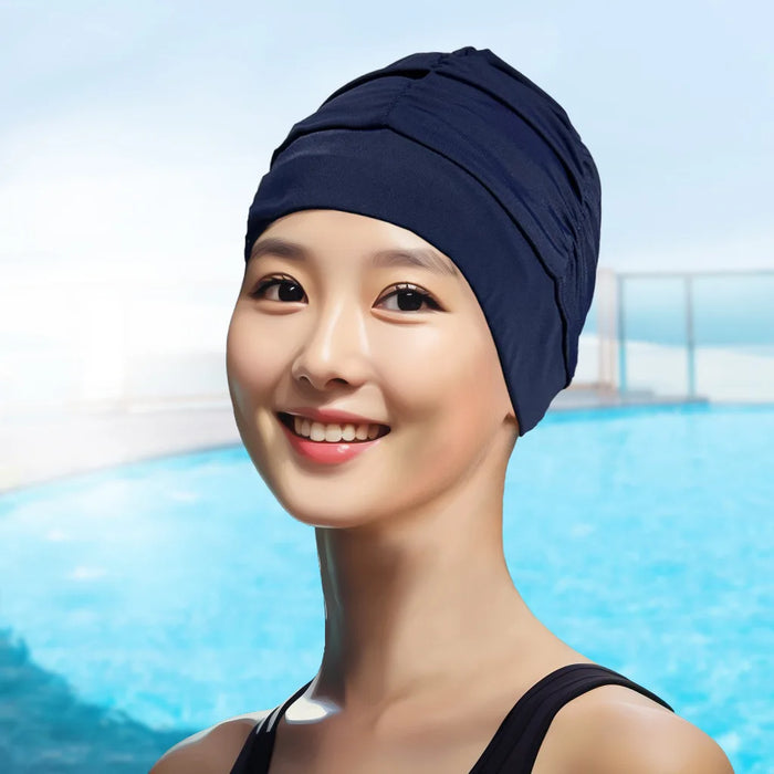 Cuffia da nuoto per capelli lunghi da donna sexy da donna, cappello elasticizzato, drappeggio, cuffia da bagno, drappeggio, sport elasticizzato, piega al mare