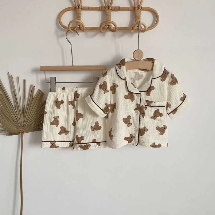 2 pezzi autunno nuovi pigiami per bambini coreano manica lunga stampa orso cardigan e pantaloni indumenti da notte in filato musline di cotone