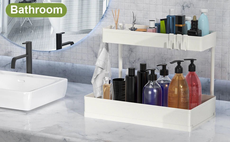 Organizzatori e contenitori sotto il lavandino, organizzazione del bagno della cucina a forma di L, contenitore scorrevole a 2 livelli sotto l'organizzatore dell'armadio del lavandino