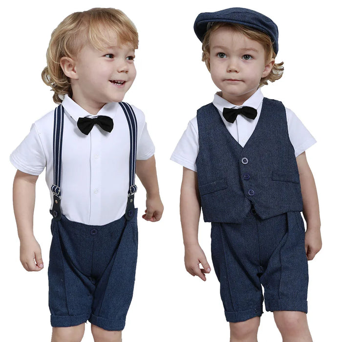 Baby Boys Battesimo Outfit Infantile Matrimonio Gentleman Set Battesimo Abito formale per festa di compleanno Reggicalze Papillon Pagliaccetto