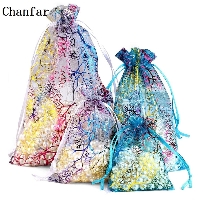 Chanfar 50 pz/lotto Alberi Colorati Modello Sacchetti Regalo In Organza Sacchetti Regalo Di Natale In Organza Di Nozze Sacchetti Regalo Drawable Imballaggio Dei Monili