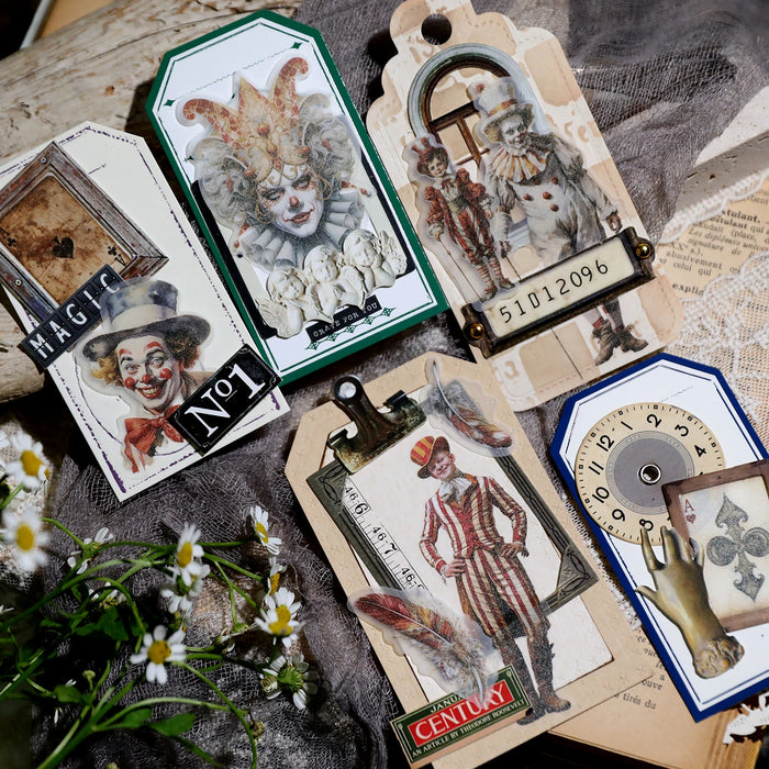 58pcs Retro Clown Stickers Collage Junk Journal Planner decorativo Circus Lion Stickers Album trasparente materiale Scrapbooking