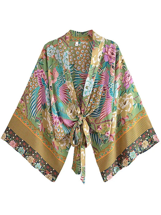 Boho Vintage stampa floreale spiaggia estate Kimono corto donna moda donna Casual scollo a V maniche a pipistrello bohémien Cover-up
