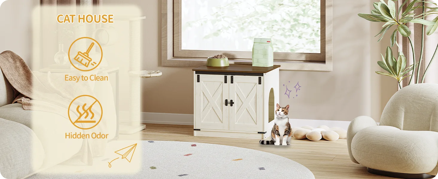 Lettiera per Gatti con Divisorio Rimovibile, Casetta per Gatti, Ingresso Reversibile Sinistra o Destra, Mobiletto Laterale, Marrone Vintage/Bianco