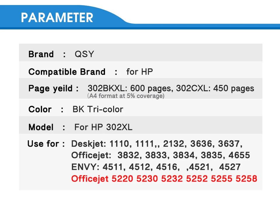 QSYRAINBOW 302XL Sostituzione rigenerata per cartuccia d'inchiostro HP 302 HP302 XL per stampante Deskjet 1110 1111 1112 2130 2131