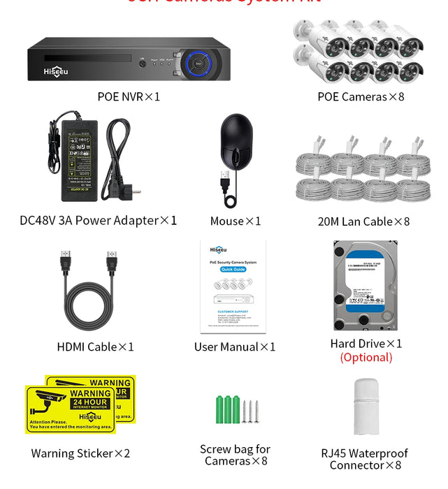 Hiseeu 5MP 3MP 8CH POE NVR Video Audio Record ONVIF CCTV IP Security Surveillance Camera System Kit Set Outdoor House Waterproof