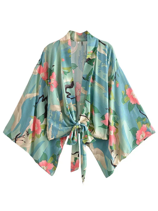 Boho Vintage stampa floreale spiaggia estate Kimono corto donna moda donna Casual scollo a V maniche a pipistrello bohémien Cover-up