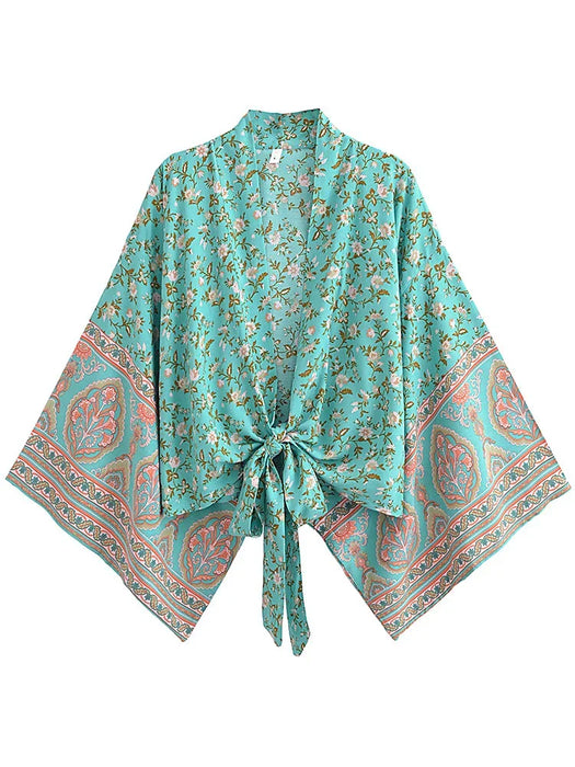 Boho Vintage stampa floreale spiaggia estate Kimono corto donna moda donna Casual scollo a V maniche a pipistrello bohémien Cover-up